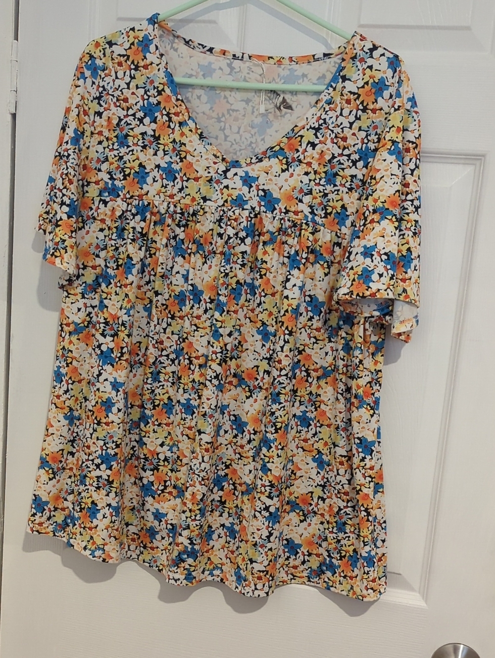 Women’s Floral V-Neck Short Sleeve Top - Blue, Orange, Cream